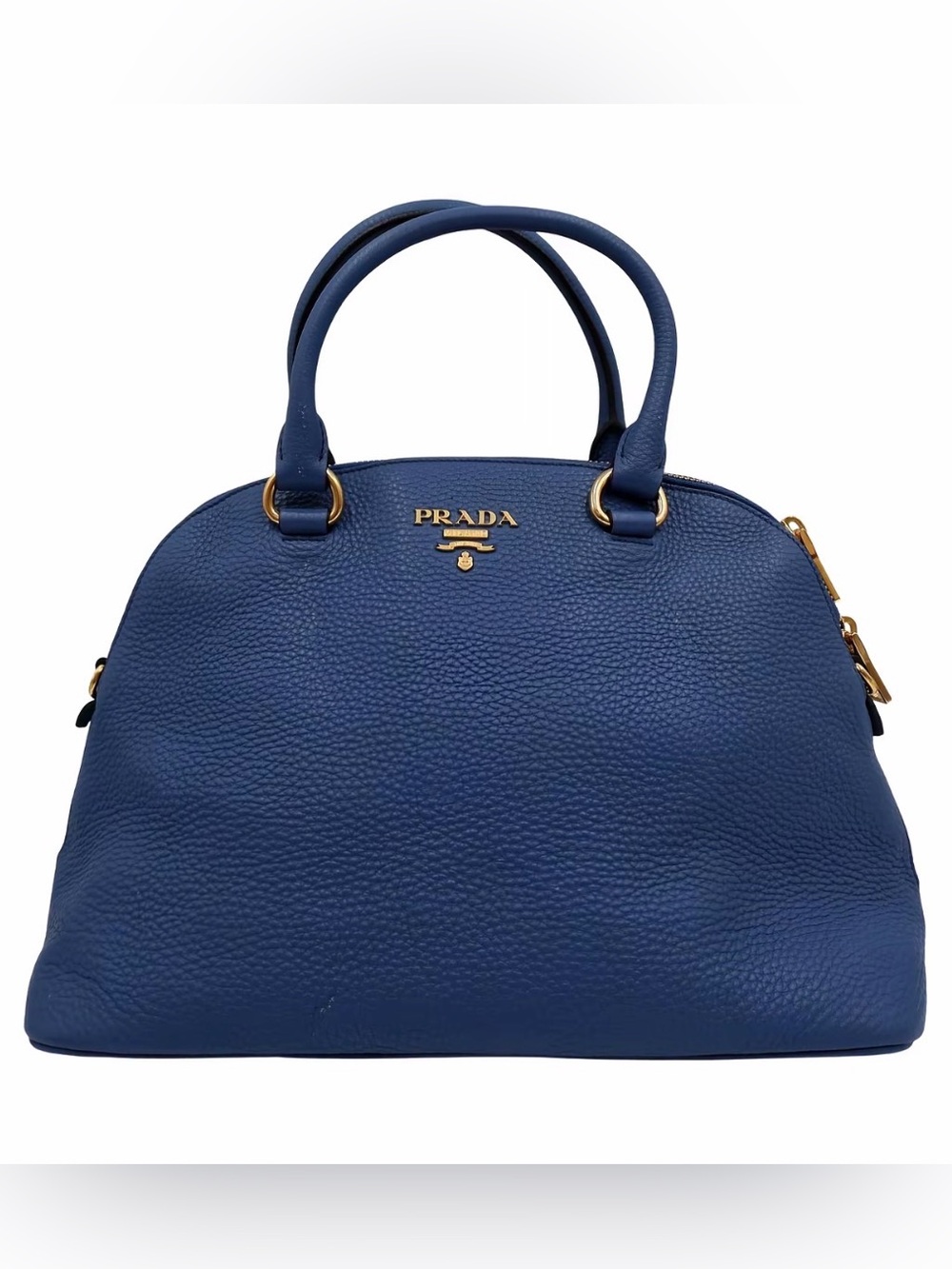 Prada Vitello Daino Dome Blue Pebbled Leather Satchel with Gold Hardware Strap
